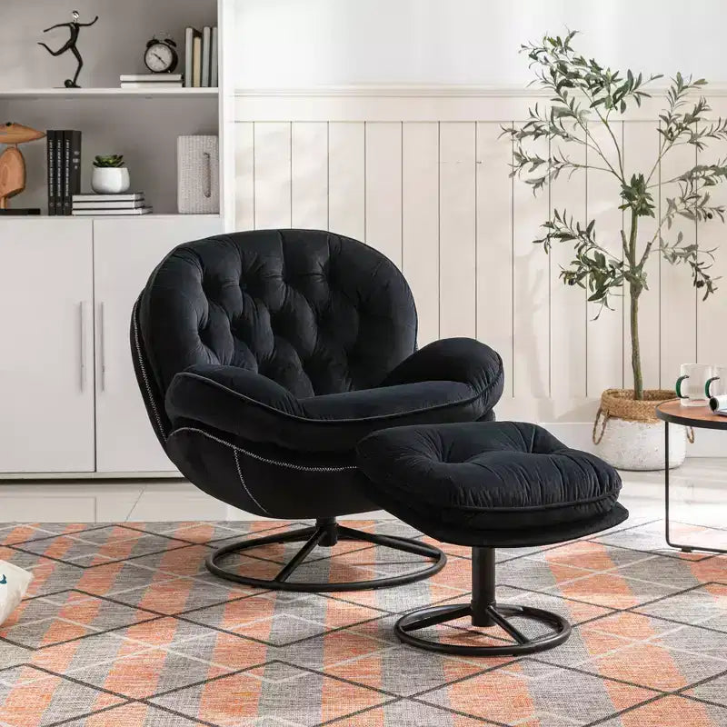 Poltrona decorativa in velluto Okak con pouf, stile moderno di metà secolo, senza braccioli, morbida e comoda per guardare la TV e giocare