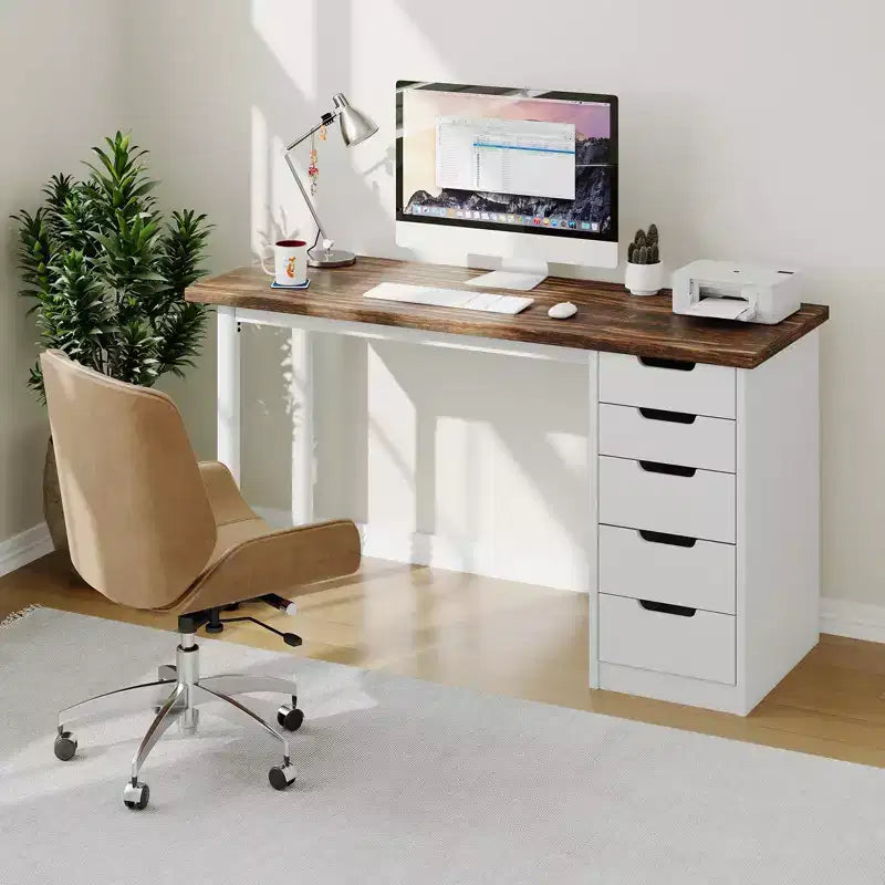 Computerbureau van 47 inch met 5 opbergladen, omkeerbare moderne rustieke studie- en schrijftafel, thuiswerkplek voor kleine ruimtes