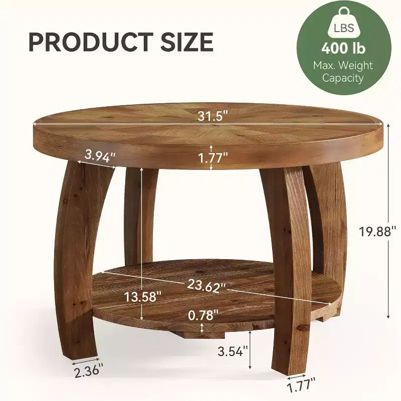 Table basse ronde Lantine en bois massif, table centrale à 2 niveaux avec rangement, plateau de 31,5 pouces à motif mosaïque, montage facile, pour le salon, marron
