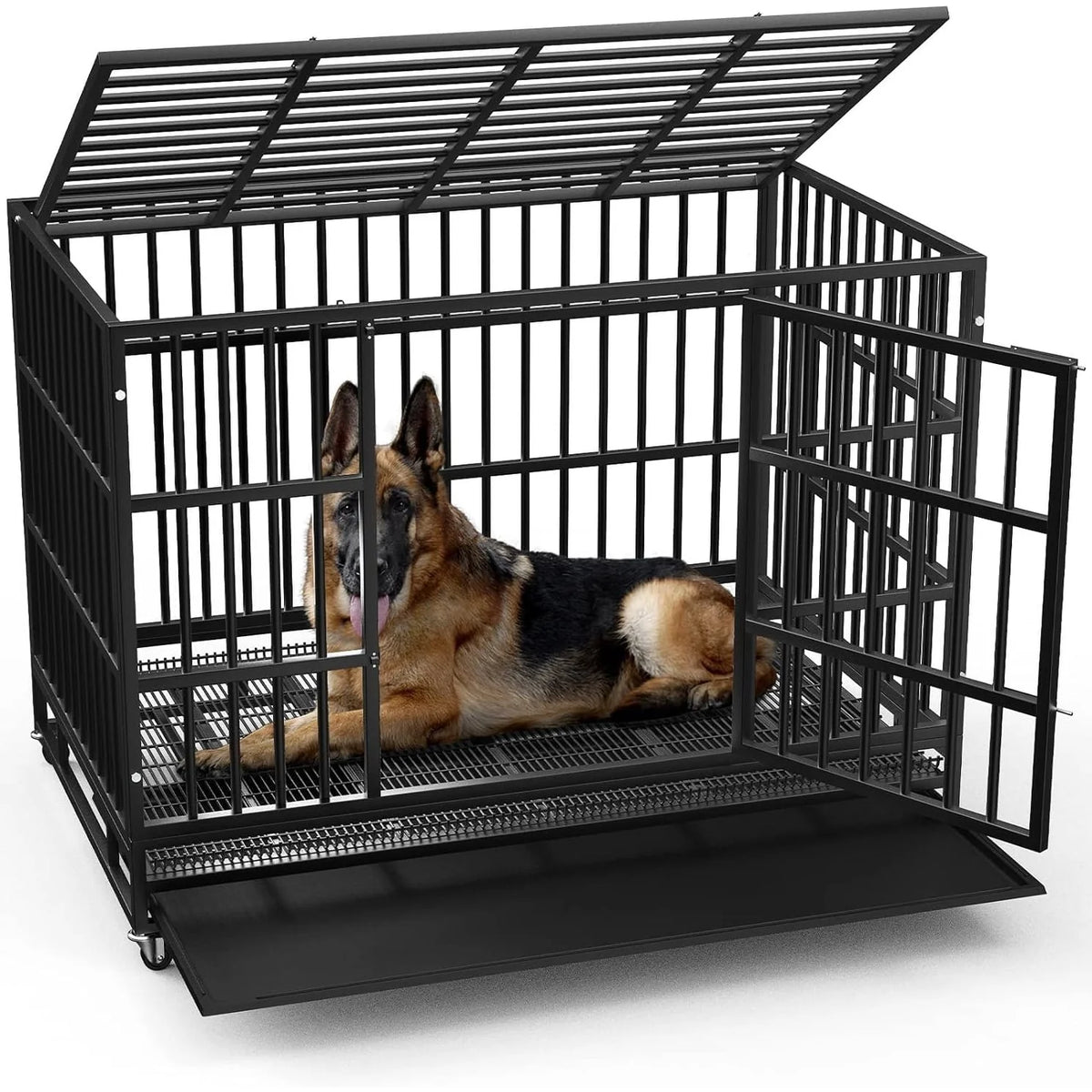 Gabbia per cani BOSSIN da 48/38 pollici, robusta e indistruttibile, a prova di fuga, con ruote bloccabili