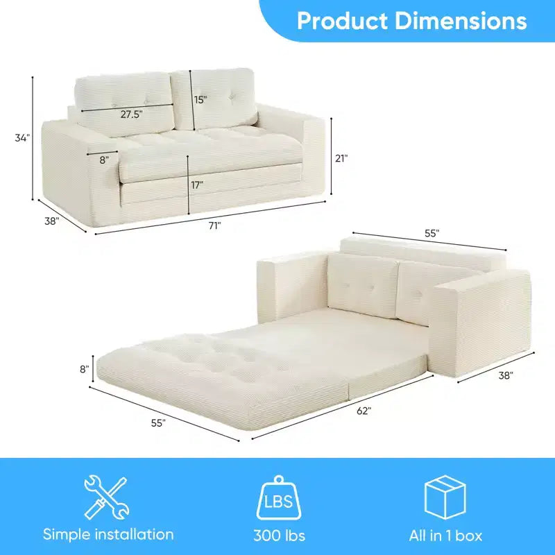 Mjkone 71' 2-in-1 slaapbank, opvouwbare loveseat met geribde stof en knopen, ruimtebesparend