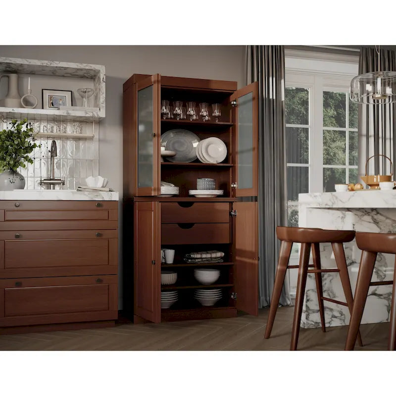 Armario despensa 100 % de madera maciza con puertas de vidrio esmerilado, puertas sólidas, 2 cajones y estantes ajustables
